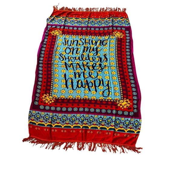 Sunshine On My Shoulders Makes Me Happy Cotton Sarong Wrap Boho Floral Fringe - Picture 2 of 8